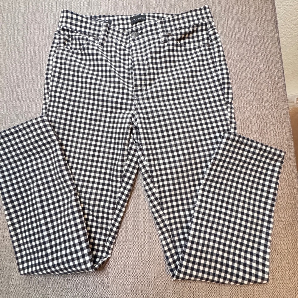Talbots Womens 8P Corduroy Straight Leg Pants Black White Gingham Check Petite
